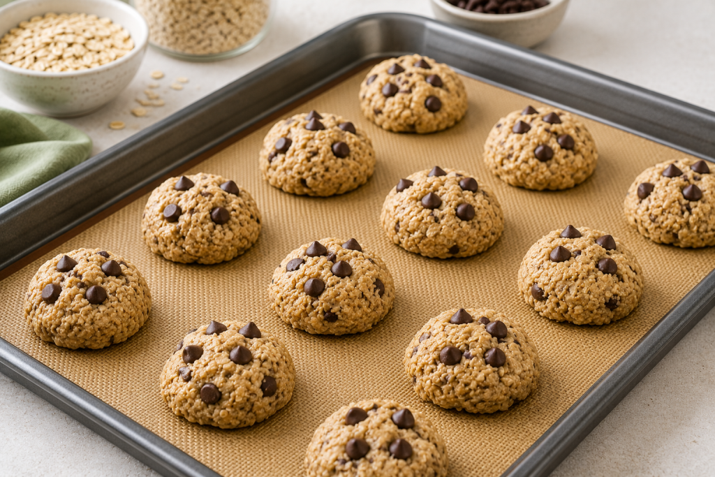 Unbaked healthy high protein cookies with chocolate chips arranged on a baking tray lined with a silicone baking mat, ready to be baked in the oven.