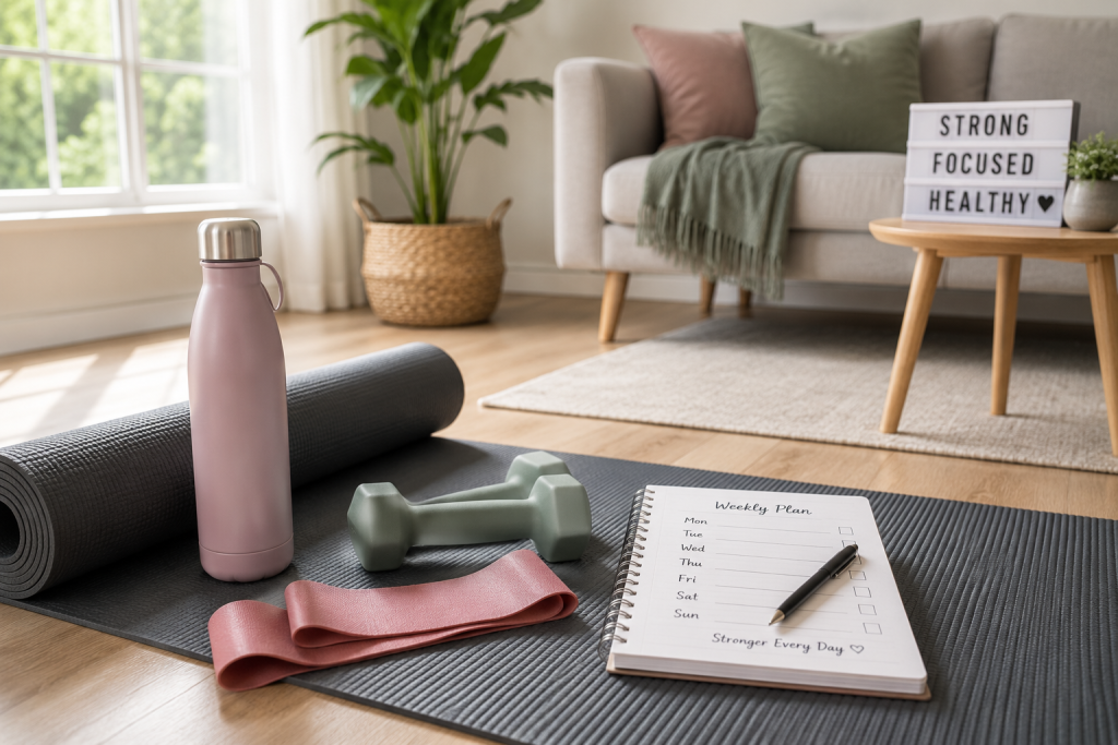 Home workout equipment including a yoga mat, resistance bands, dumbbells, water bottle, and workout planner in a bright living room.