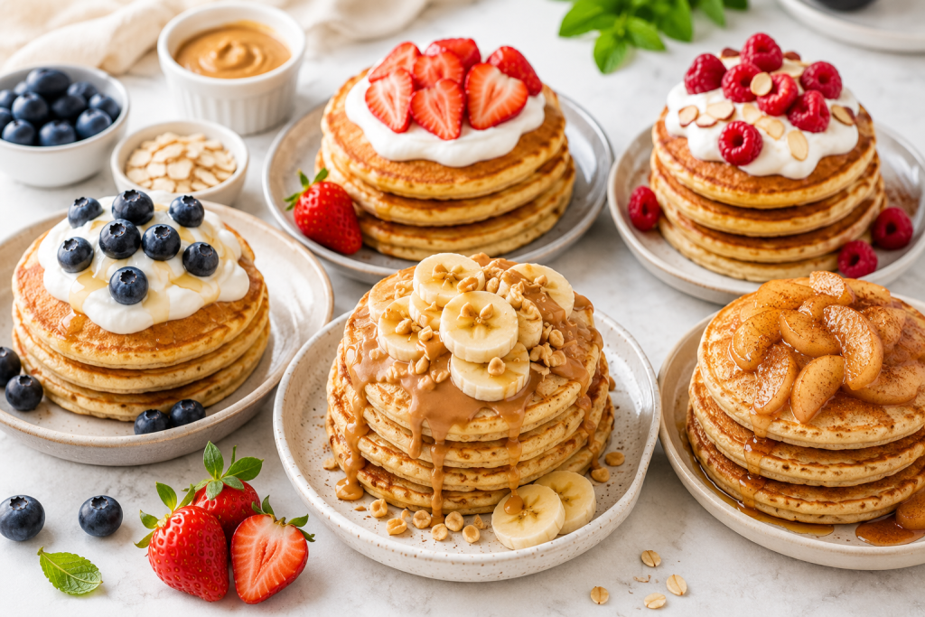 Healthy high protein pancakes with different toppings including berries, Greek yogurt, banana, peanut butter, and cinnamon apples.