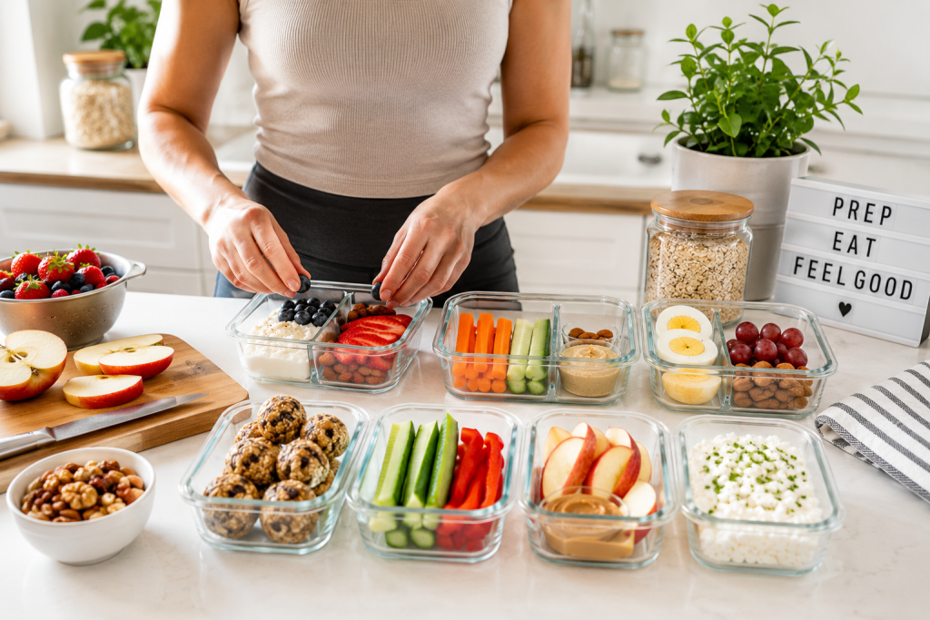 Preparing healthy meal prep snacks in glass containers on a bright kitchen countertop.