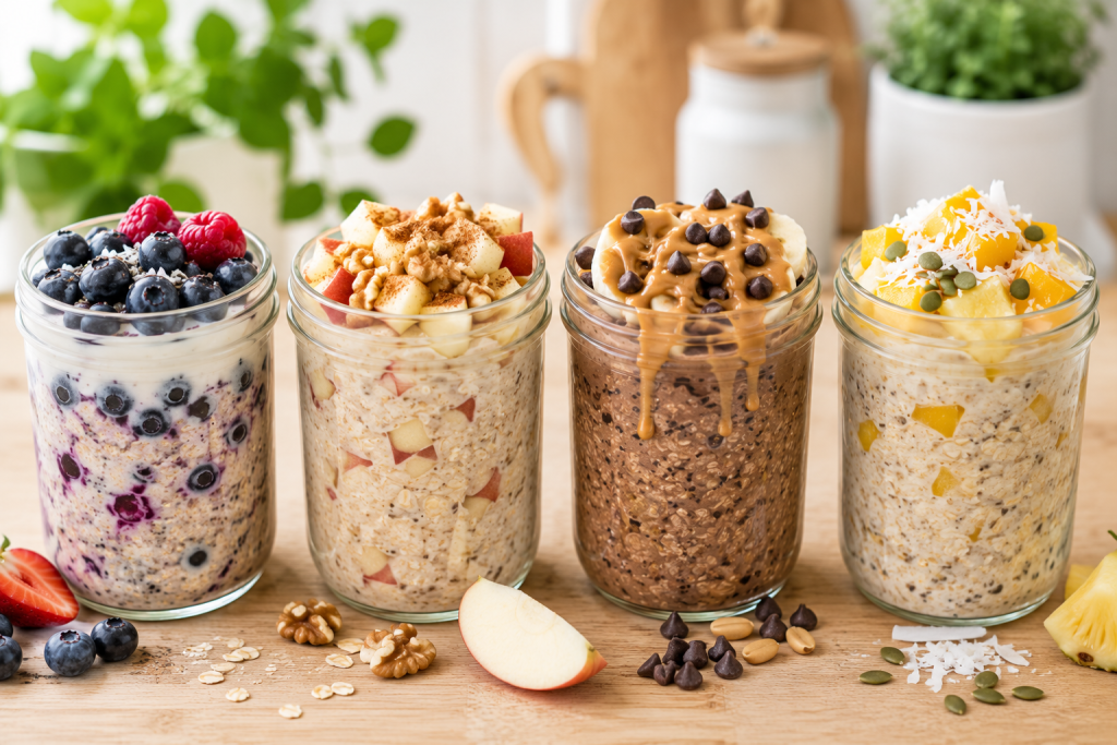 Four jars of healthy overnight oats with different toppings including berries, apple cinnamon, chocolate peanut butter, and tropical fruit.