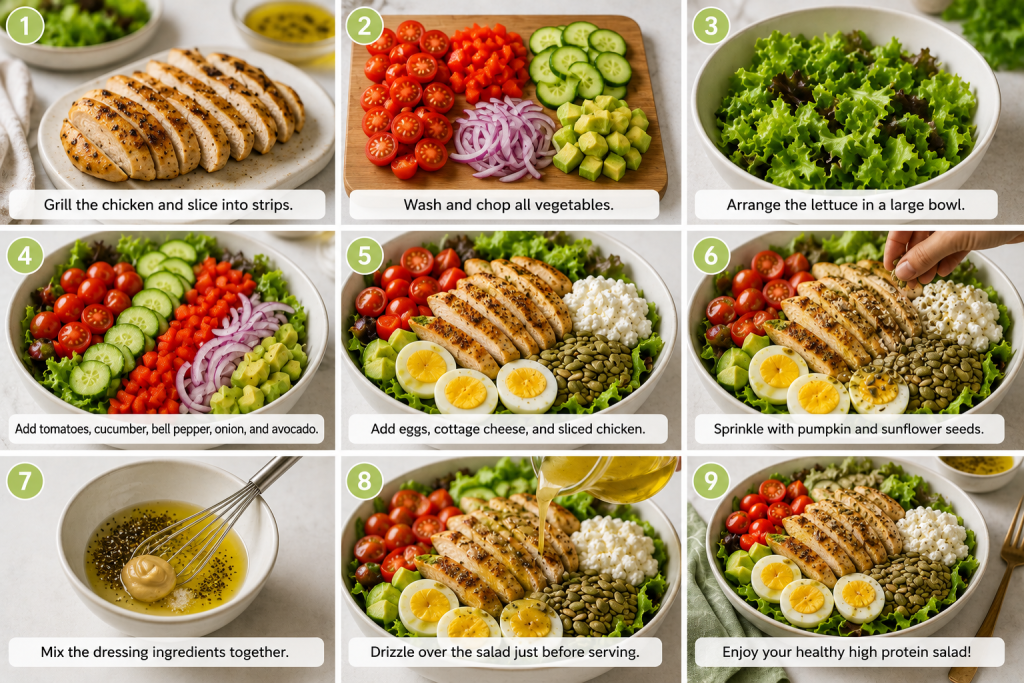 Step-by-step preparation of a healthy high protein salad with grilled chicken and fresh vegetables for weight loss.