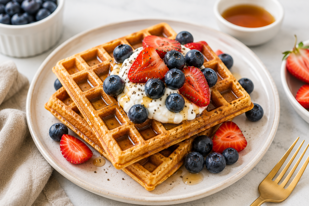 Healthy protein waffles served with blueberries, strawberries, and Greek yogurt for a nutritious breakfast.