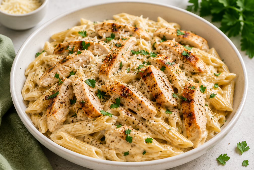 Creamy high protein pasta served with grilled chicken, Parmesan cheese, and fresh parsley in a white bowl.