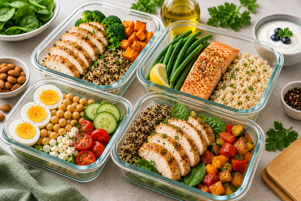 Meal prep containers filled with high-protein foods including chicken, vegetables, eggs, and beans for healthy weight loss meals. best protein sources