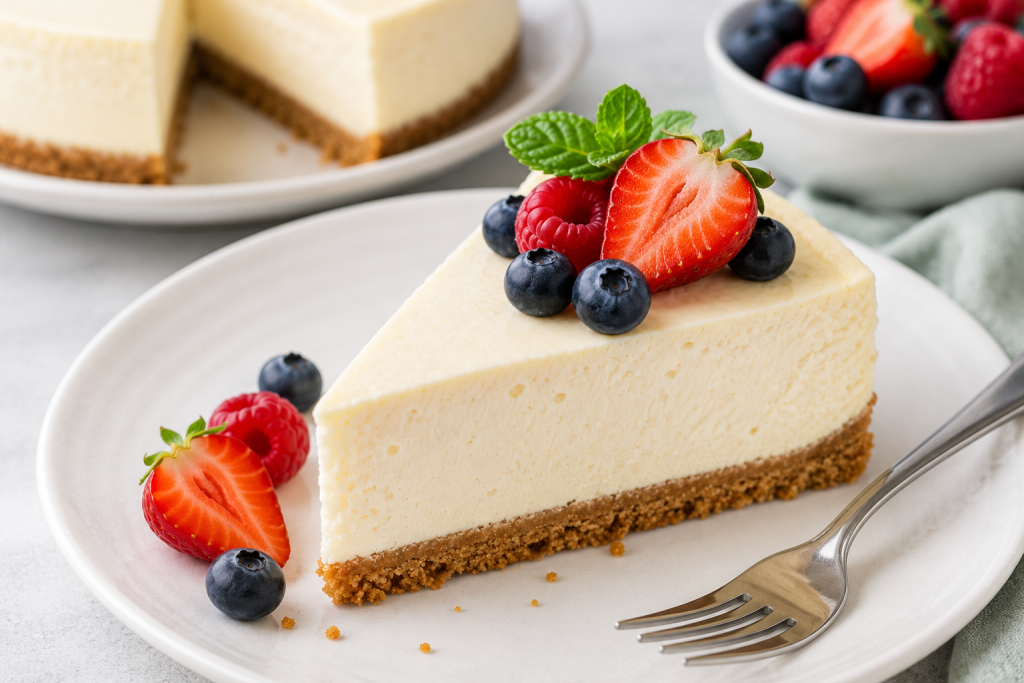 A slice of creamy protein cheesecake served with fresh berries and a fork on a white dessert plate.