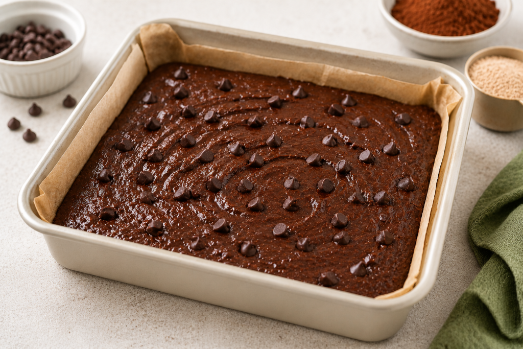 Healthy high protein brownie batter spread evenly in a baking pan with chocolate chips on top, ready to bake into rich and fudgy brownies.