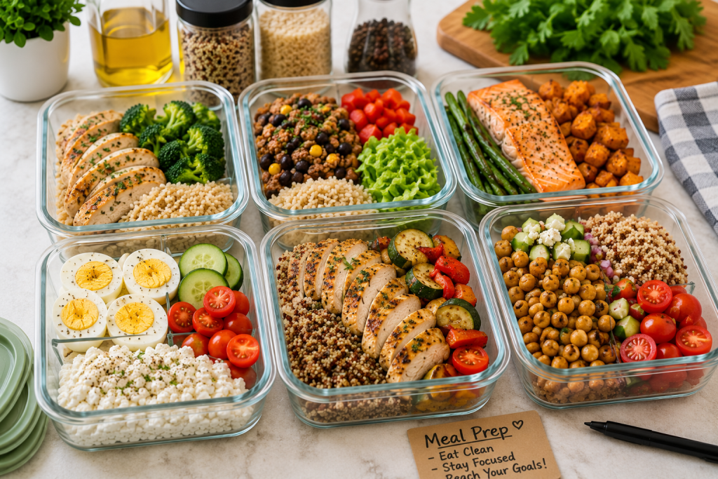 Glass meal prep containers filled with healthy high-protein lunches including chicken, rice, broccoli, roasted vegetables, and salmon ready for the week. high protein meal prep