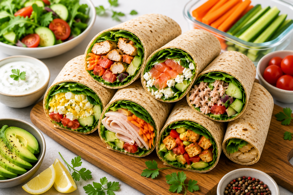 Several freshly prepared high-protein wraps cut in half and served with colorful vegetables, Greek yogurt dip, and healthy side salads for meal prep and weight loss.
