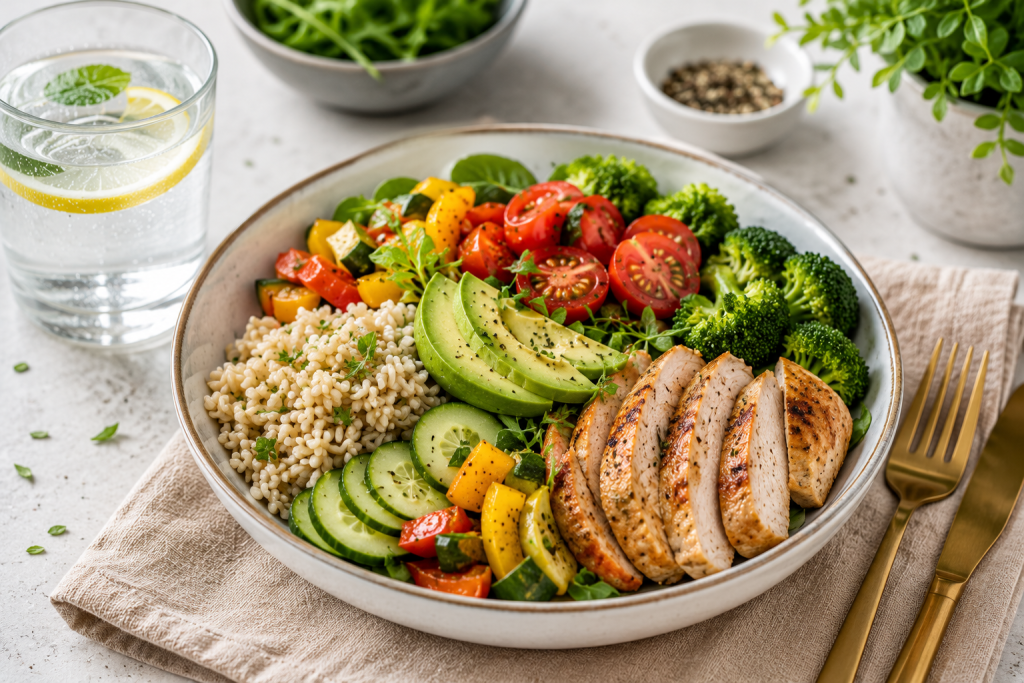 Balanced healthy meal with grilled chicken, vegetables, brown rice, avocado, and water on a bright dining table, representing a realistic long-term healthy lifestyle.