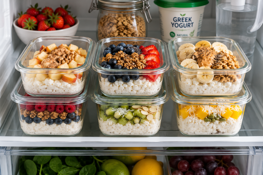 Healthy meal prep containers filled with cottage cheese, fresh berries, granola, and chia seeds stored in a refrigerator for quick high-protein breakfasts throughout the week.
