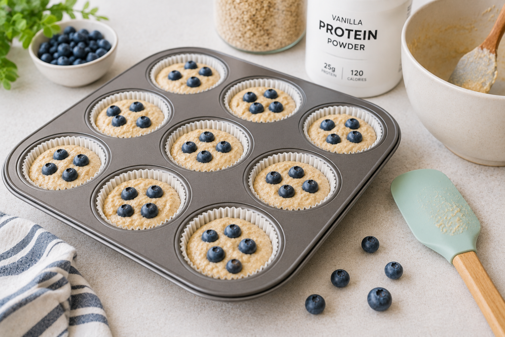 Healthy high protein muffin batter filled into a muffin pan with fresh blueberries before baking, ready to become fluffy homemade protein muffins.