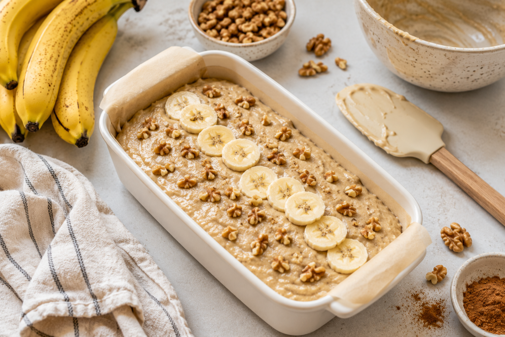 Healthy high protein banana bread batter in a loaf pan topped with banana slices and walnuts, ready to bake for a delicious high-protein breakfast or snack.
