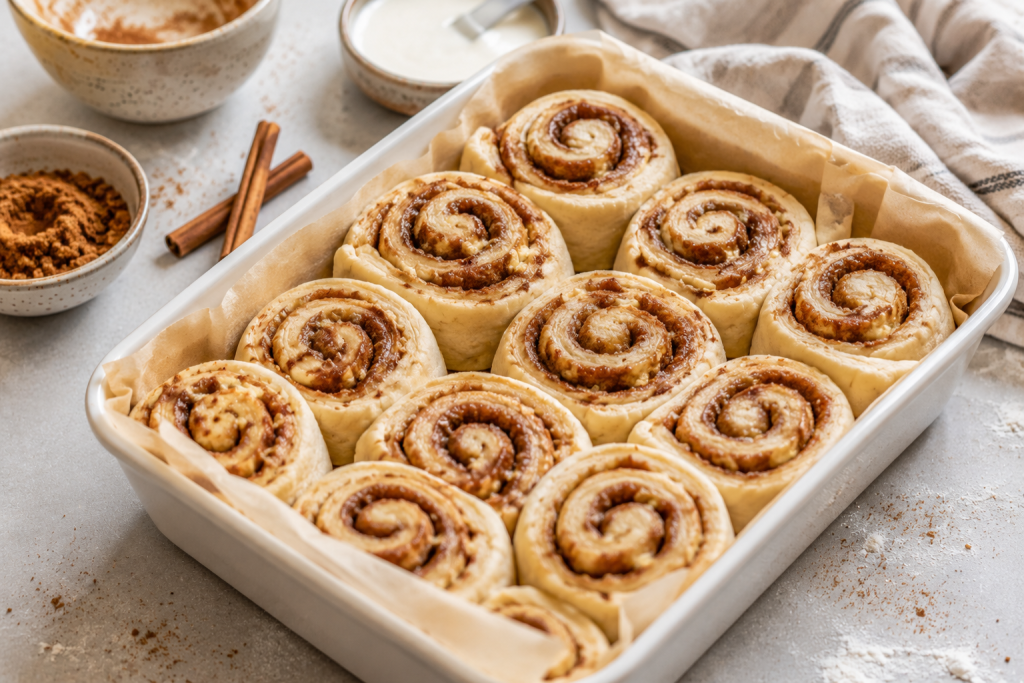 Healthy high protein cinnamon rolls arranged in a ceramic baking dish before baking, filled with a cinnamon swirl and ready to become soft, fluffy homemade cinnamon rolls.