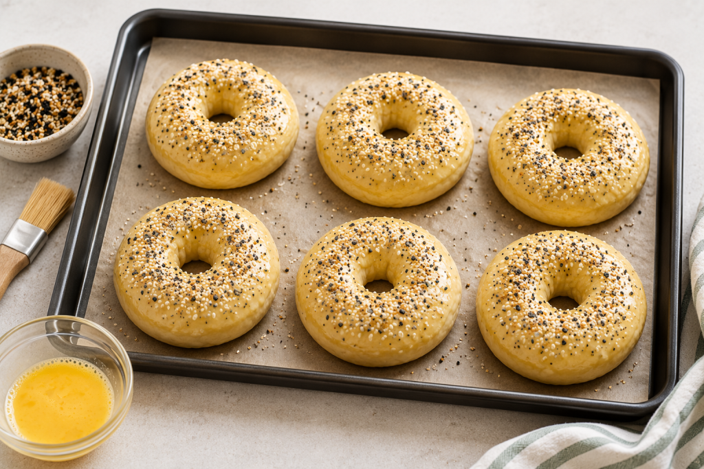Healthy high protein bagels on a baking sheet brushed with egg wash and topped with everything bagel seasoning before baking.