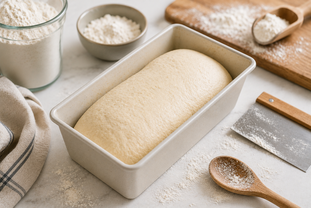 Healthy high protein bread dough in a loaf pan after rising, ready to bake into a soft and fluffy homemade protein bread.