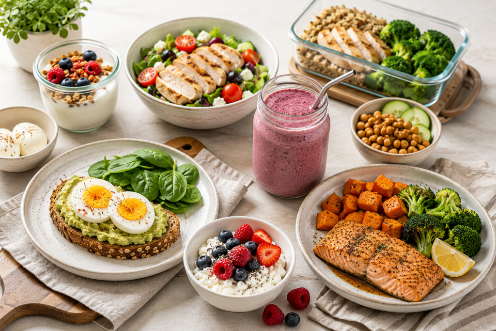 Sample high-protein meal plan for women over 40 including healthy breakfast, snacks, lunch, smoothie, and dinner.