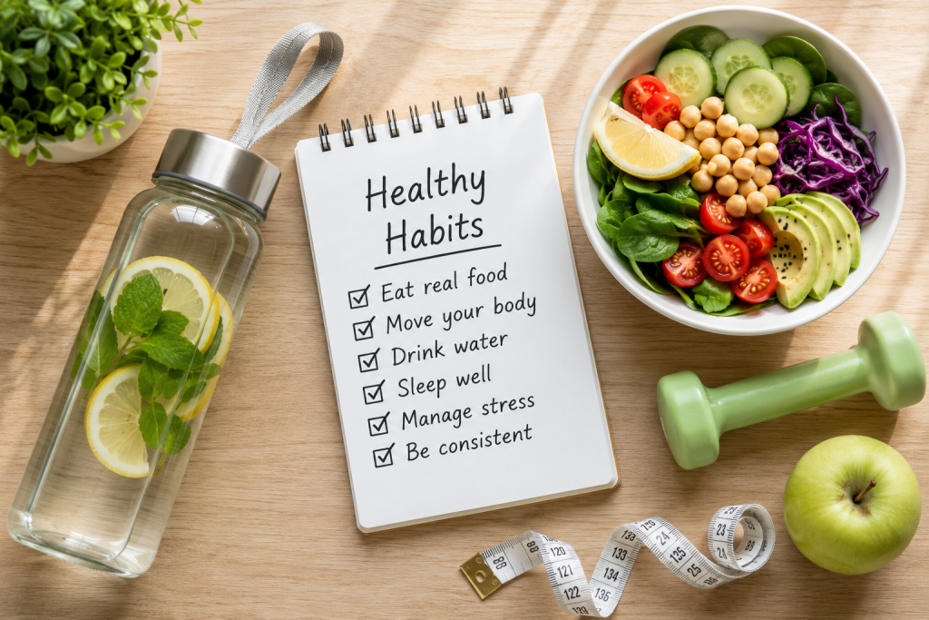 Weight loss tips for women over 40 with healthy habits, fresh salad, water bottle, and fitness equipment.