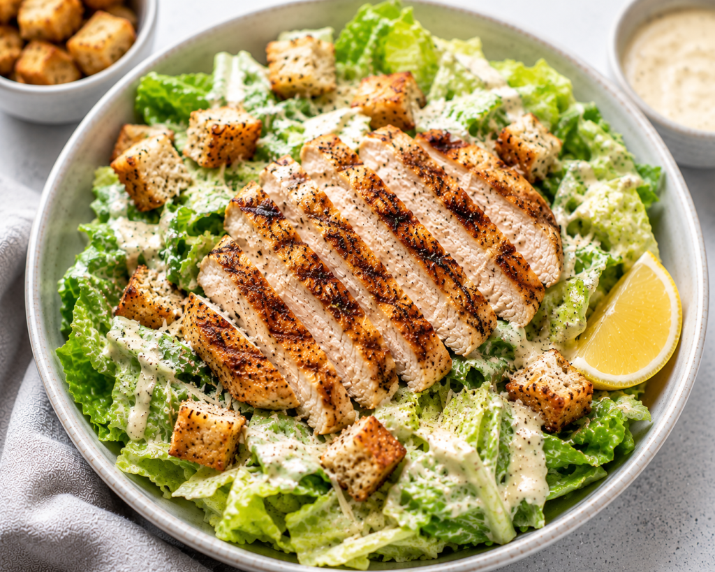 Healthy grilled chicken Caesar salad with grilled chicken breast, crisp romaine lettuce, light yogurt Caesar dressing, whole grain croutons and Parmesan cheese for a high protein dinner.