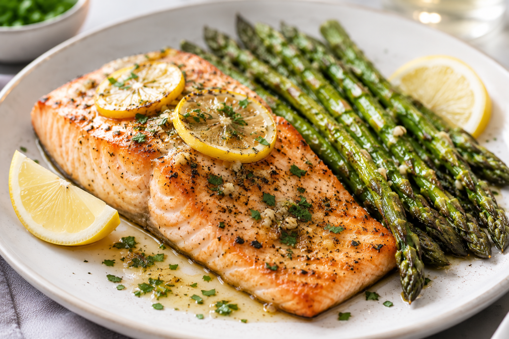 Garlic lemon salmon with roasted asparagus served as a healthy high protein dinner for women over 40 supporting weight loss.