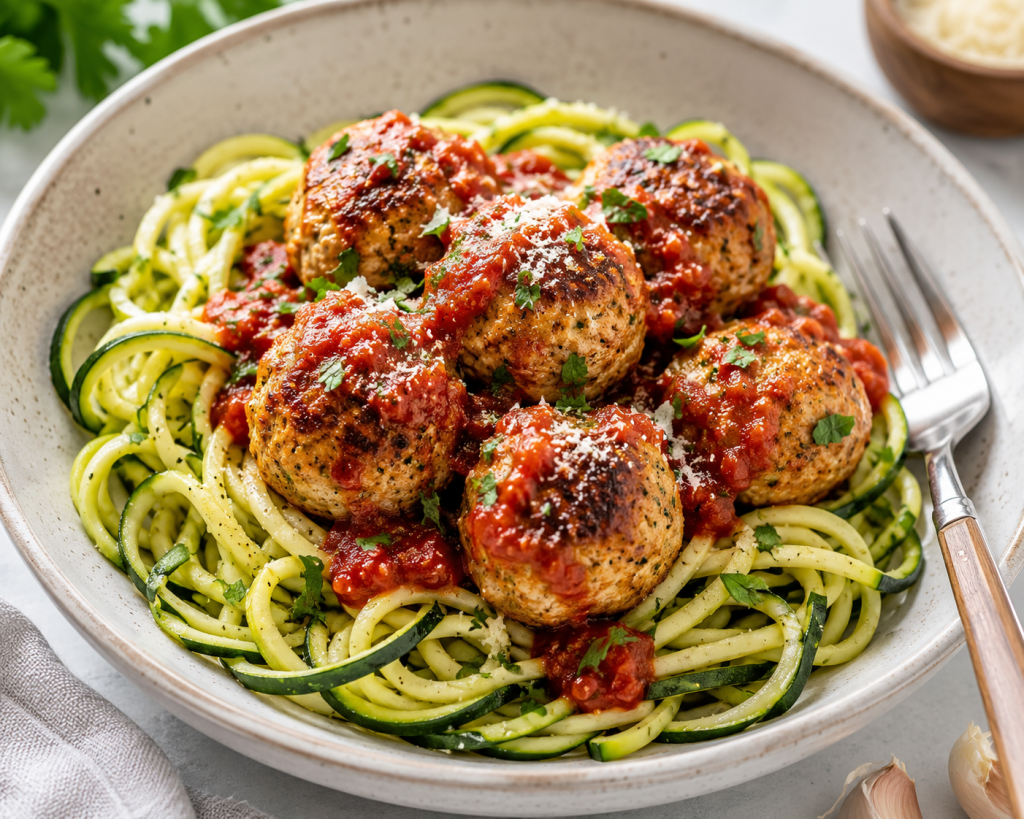 Lean turkey meatballs with zucchini noodles and tomato sauce served as a low carb high protein dinner for healthy weight loss.