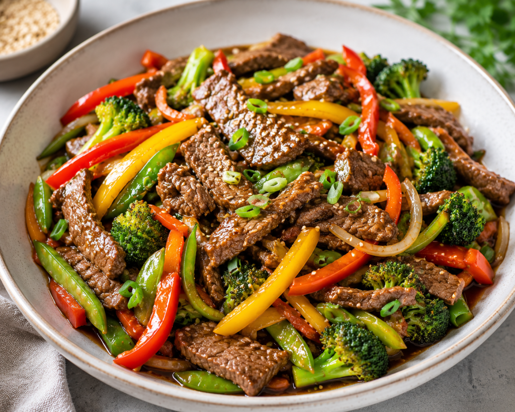 Lean beef stir-fry with colorful vegetables served as a healthy high protein dinner for weight loss after 40.