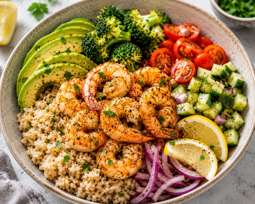 Shrimp and brown rice power bowl with fresh vegetables served as a balanced high protein meal for healthy weight loss.