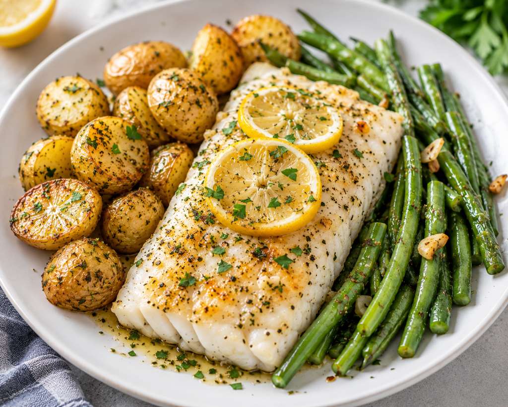 Baked cod with green beans and baby potatoes served as a healthy high protein dinner for women over 40.