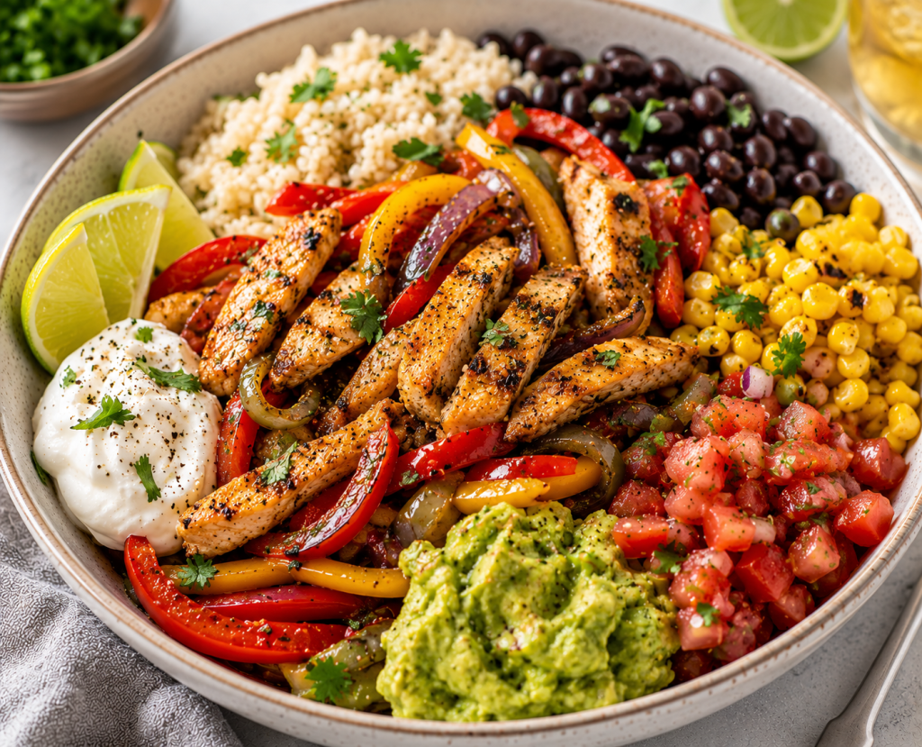 Healthy chicken fajita bowl with grilled chicken, peppers, onions and cauliflower rice for a high protein weight loss dinner.