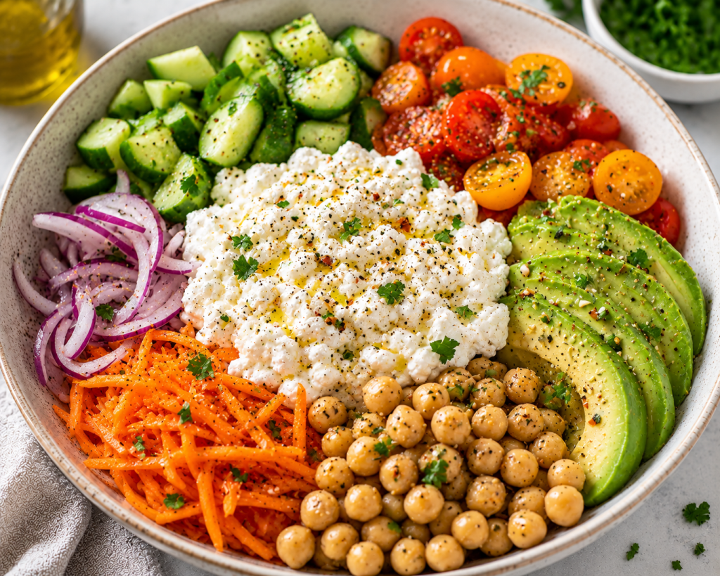 Cottage cheese veggie bowl with fresh vegetables and herbs served as a healthy high protein meal for weight loss.
