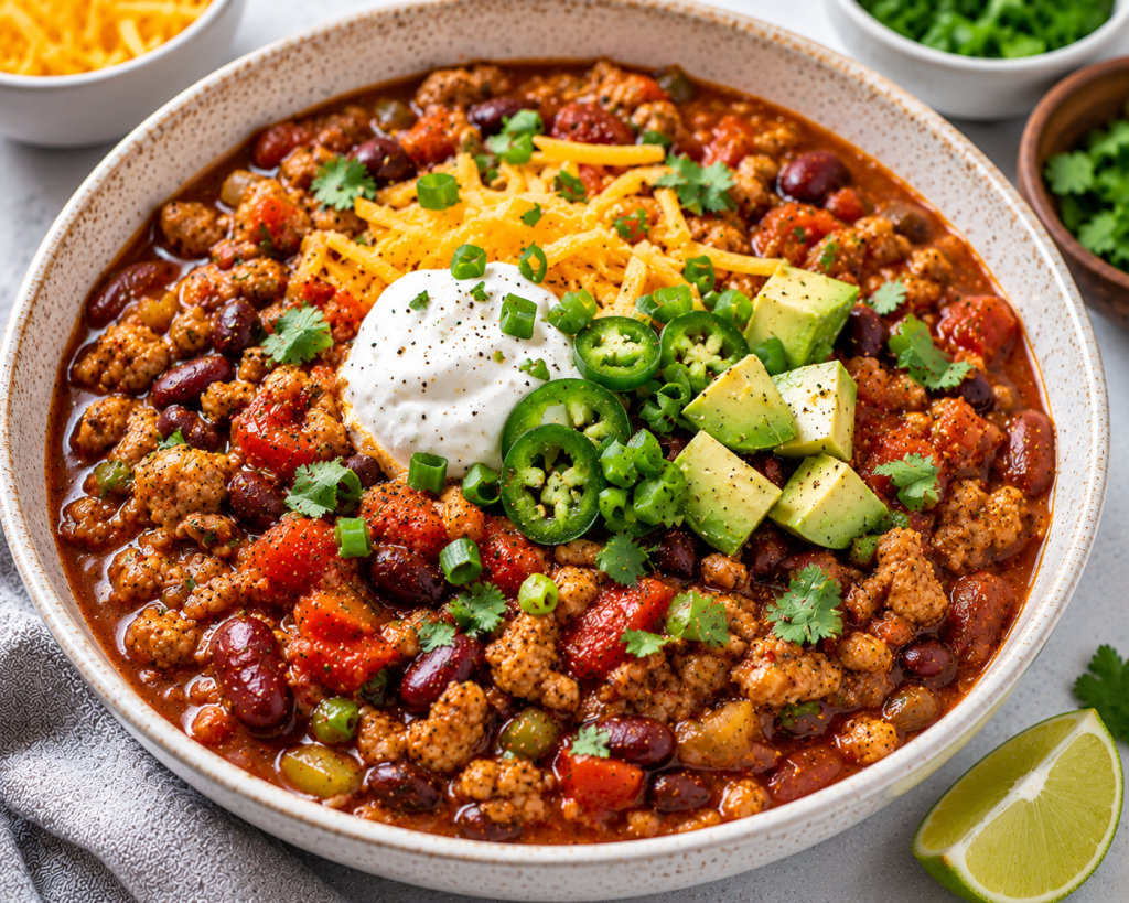 High protein turkey chili with beans, tomatoes and vegetables served as a healthy filling dinner for weight loss after 40.