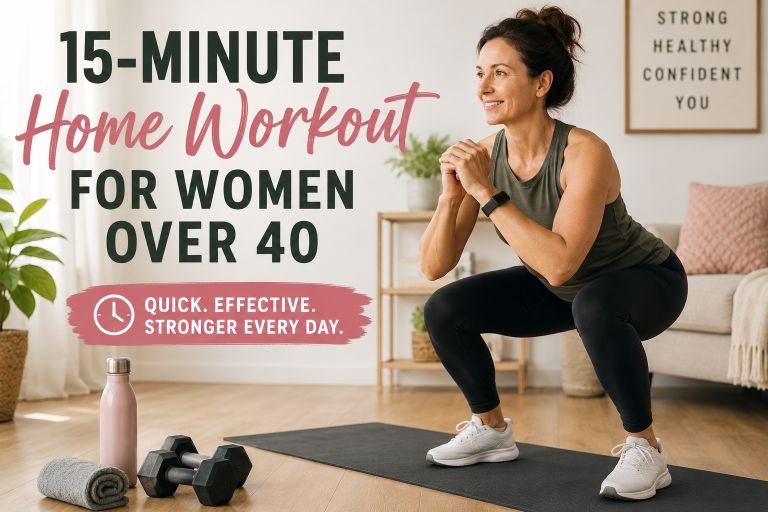 Woman over 40 exercising at home while performing a simple strength workout in a bright and modern living room. 15-minute home workout for women over 40