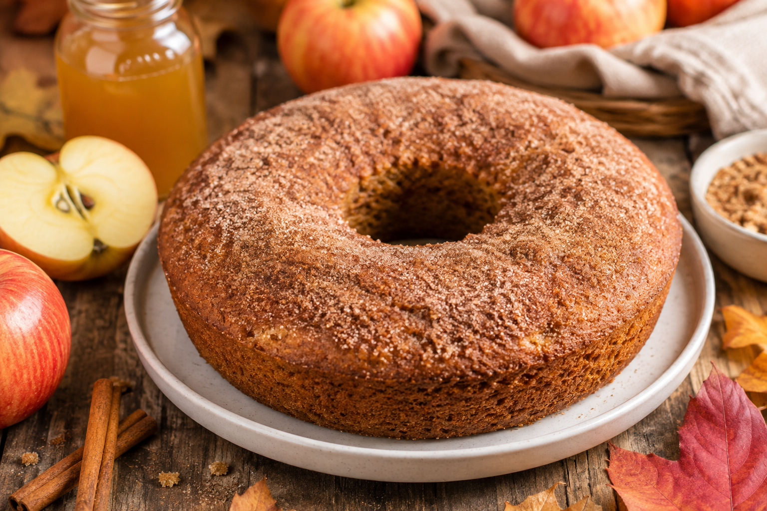 A high-quality, natural food photograph of a freshly baked Apple Cider Protein Donut Cake on a rustic wooden table. The cake is topped with a light cinnamon sugar coating and surrounded by fresh apples, cinnamon sticks, and autumn leaves. Bright, airy lighting with warm fall tones. Premium food photography style. No text overlay.