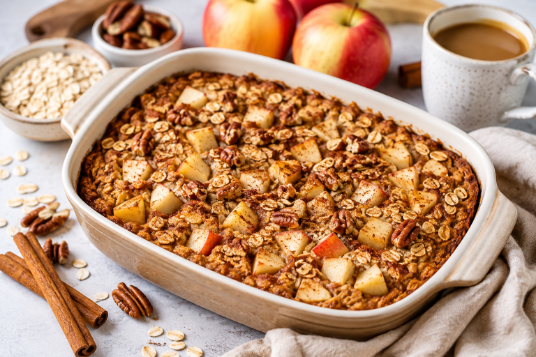 Freshly baked cinnamon apple baked oatmeal served in a rustic baking dish with fresh apple slices, cinnamon sticks, oats, pecans, and a cup of coffee in a bright autumn kitchen.