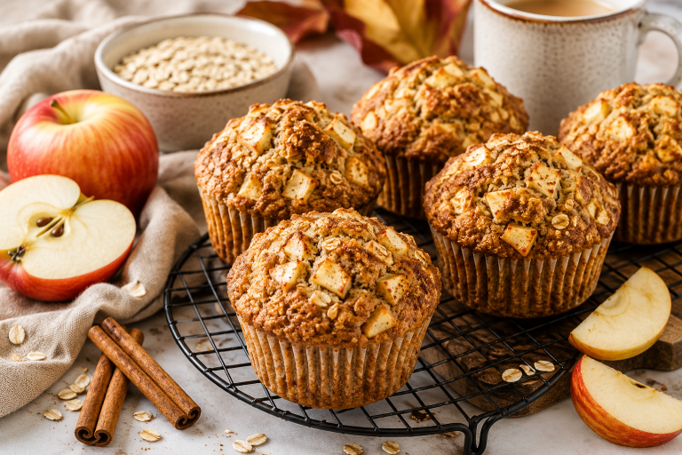 Freshly baked apple cinnamon protein muffins on a cooling rack with fresh apple slices, cinnamon sticks, oats, and a cozy fall kitchen in the background.