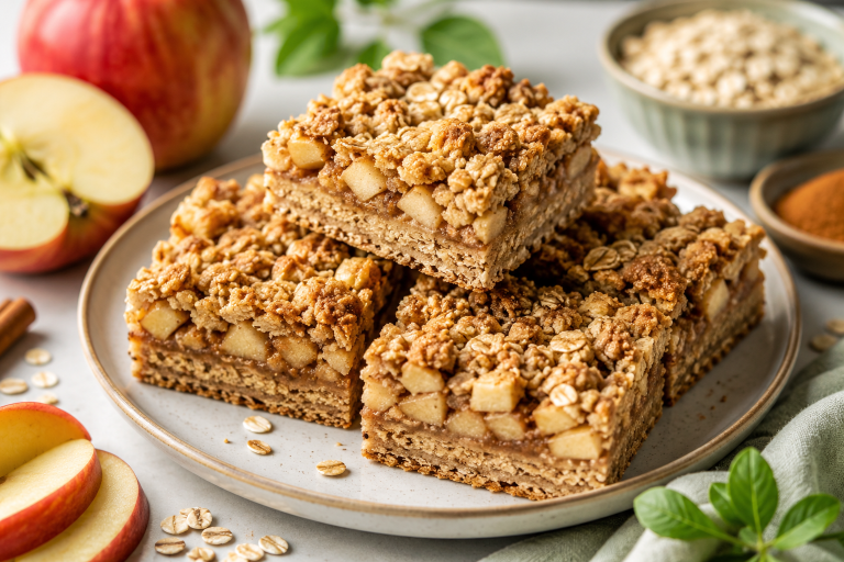 Apple crumble protein bars with fresh apples, oats and cinnamon, served as a healthy fall snack.