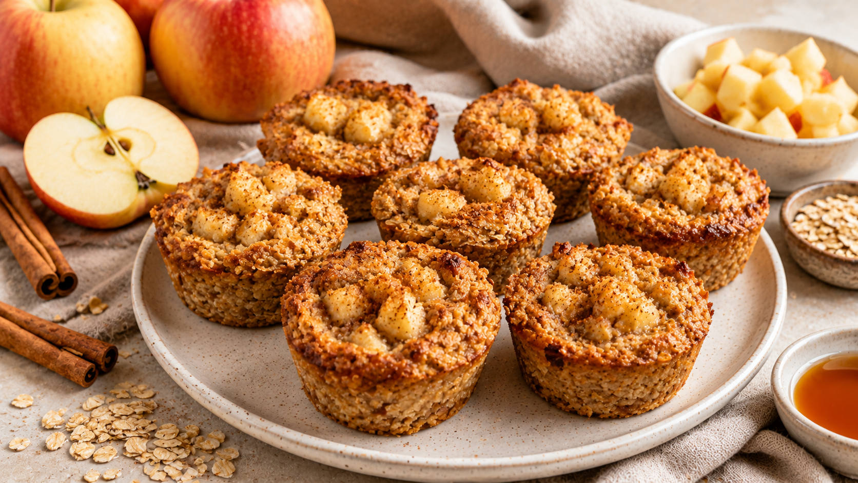 Baked Apple Protein Cups with cinnamon apples, oats, and a golden baked topping, served as a healthy fall snack.