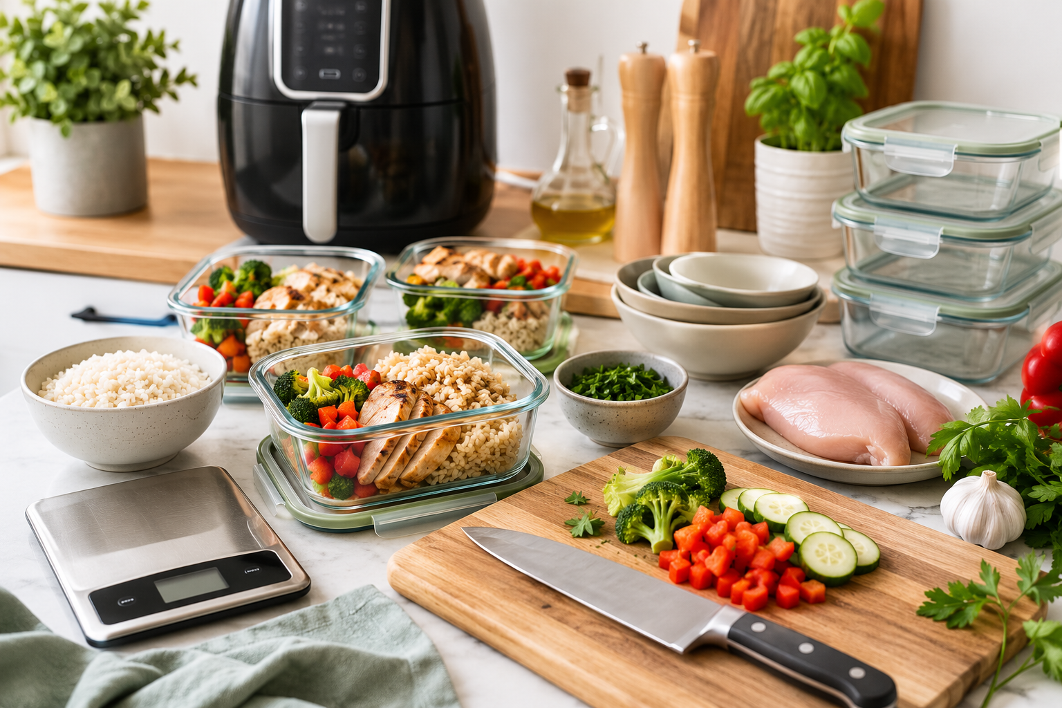 Best kitchen tools for high protein meal prep including meal prep containers, digital kitchen scale, chef's knife, cutting board, air fryer, fresh vegetables, and healthy prepared meals.