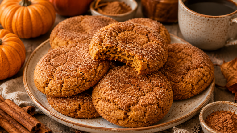 Soft brown butter pumpkin snickerdoodle cookies coated in cinnamon sugar, photographed as a cozy fall dessert.