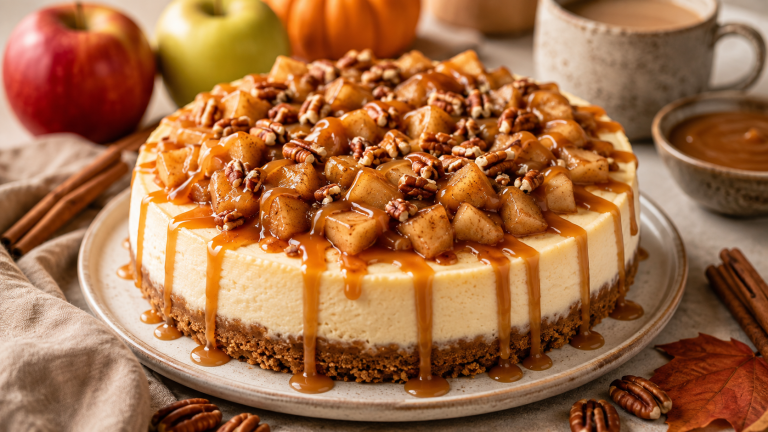 Creamy caramel apple protein cheesecake topped with cinnamon apples and caramel drizzle, a cozy healthy fall dessert.