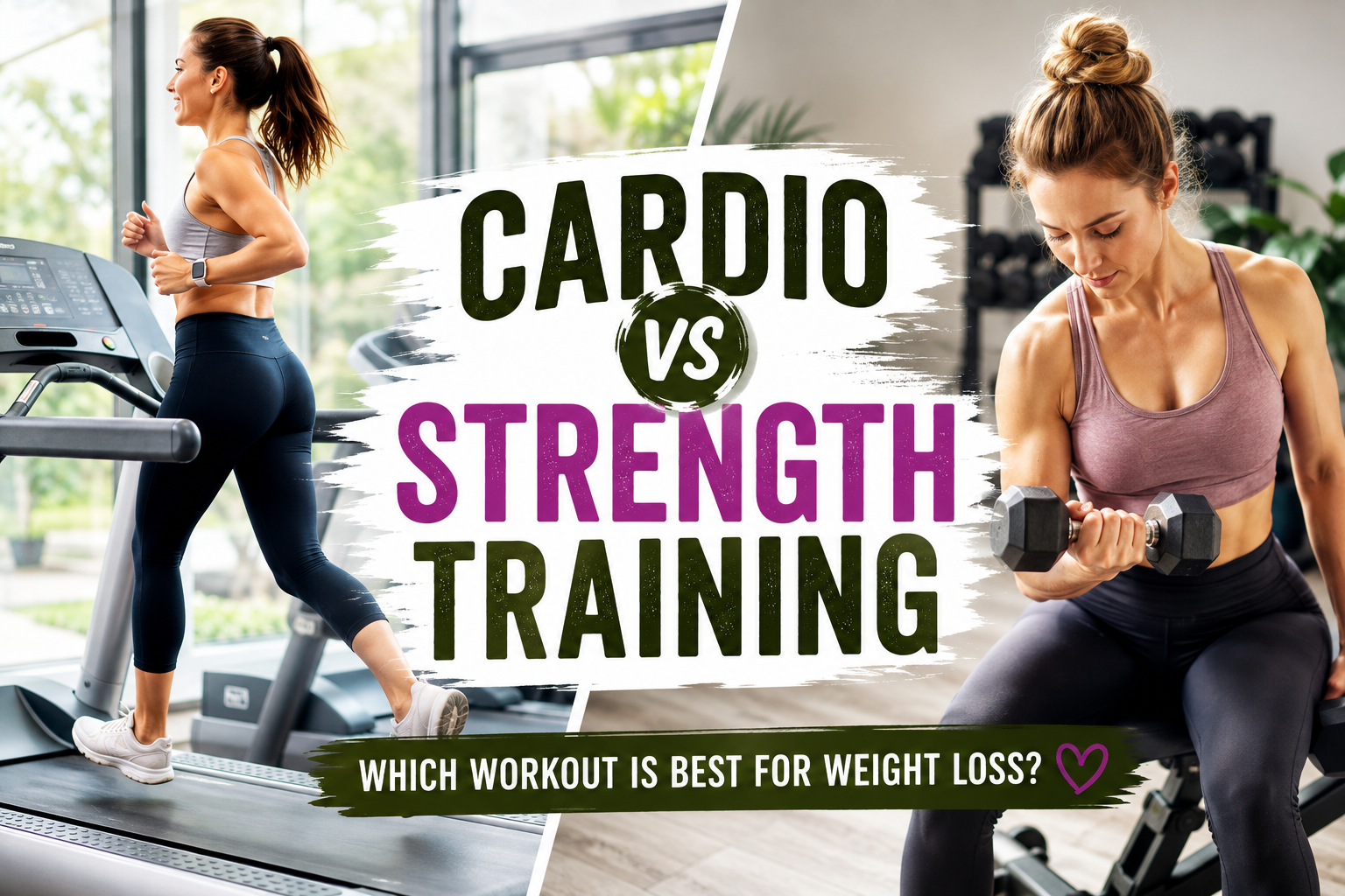 A fit woman performing strength training with dumbbells while another person walks on a treadmill, illustrating the comparison between cardio and strength training in a bright modern gym. cardio vs strength training