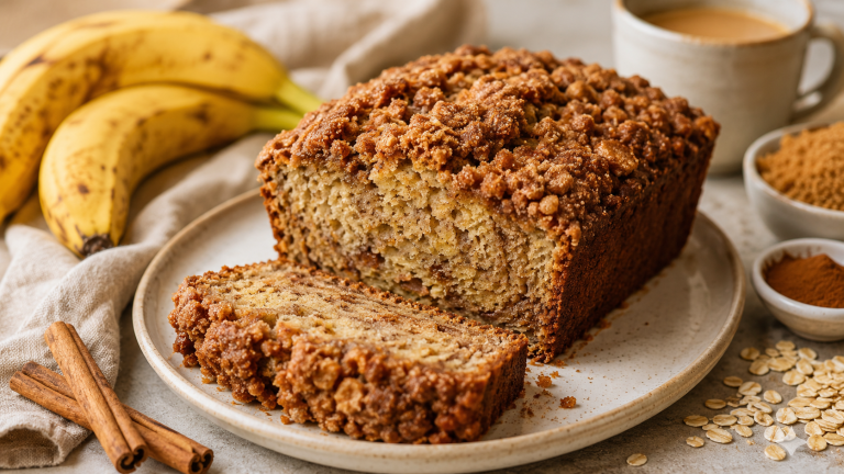 Cinnamon Crunch Banana Bread with a soft moist center and golden cinnamon sugar topping, served as a cozy homemade fall treat.