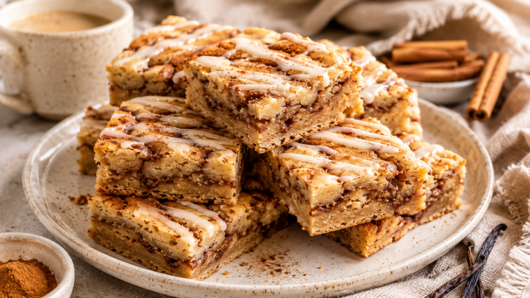 Cinnamon Roll Blondies with cinnamon sugar swirls and vanilla glaze, served as a cozy homemade fall dessert.