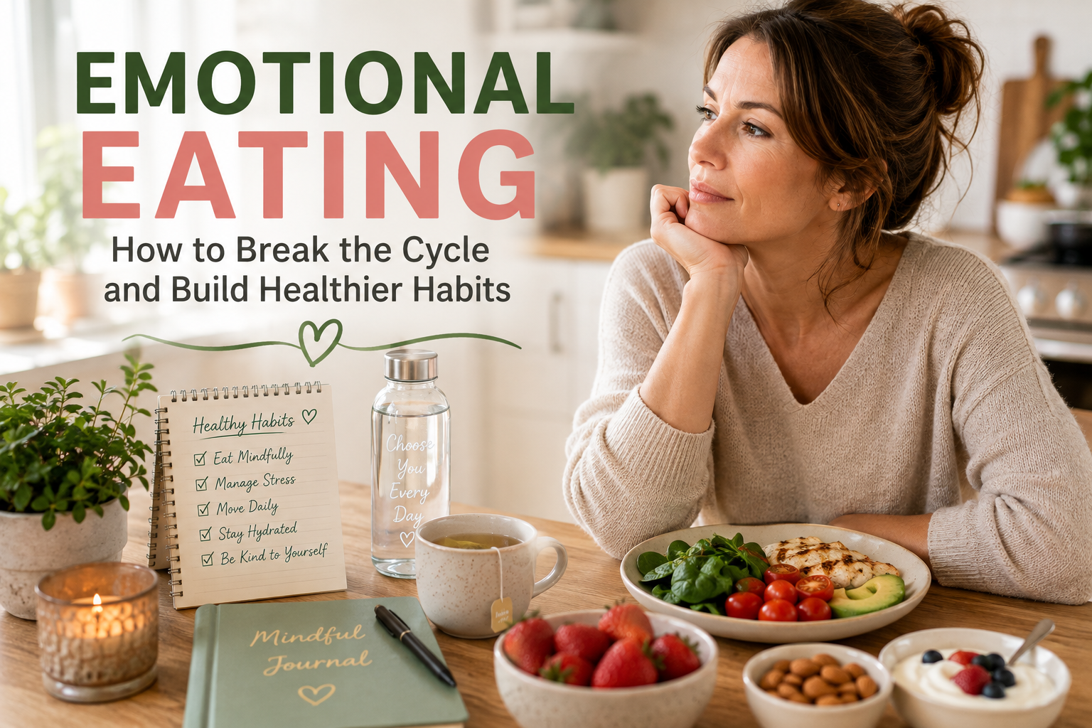 A woman sitting at a kitchen table with healthy snacks, a cup of herbal tea, and a journal, practicing mindful eating in a bright, calm modern kitchen.