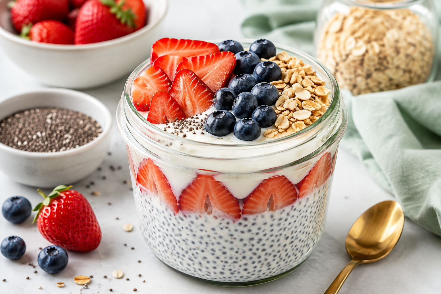 Healthy chia pudding with strawberries, blueberries, Greek yogurt and chia seeds prepared in a glass jar for an easy breakfast.