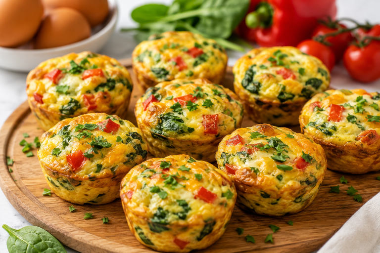 Freshly baked healthy egg muffins filled with spinach, bell peppers, tomatoes, and cheese arranged on a wooden serving board in a bright modern kitchen.