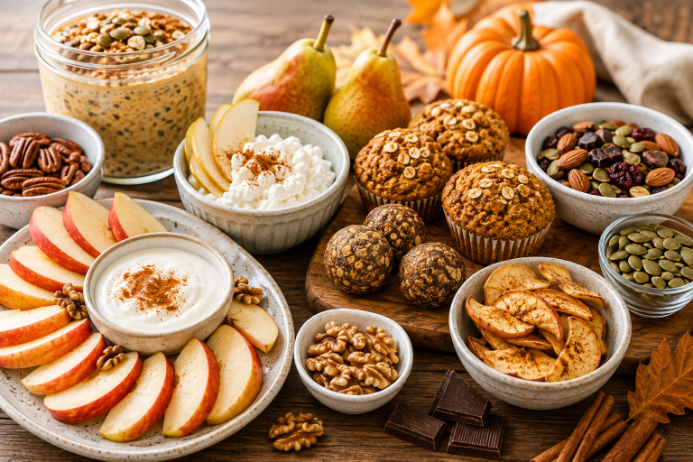 A beautiful assortment of healthy fall snacks for women over 40, including apples, pumpkin, Greek yogurt, nuts, oats, pumpkin seeds, and cinnamon arranged on a rustic kitchen table.