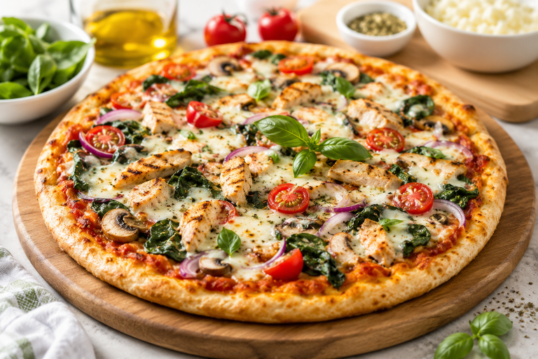 Freshly baked high protein pizza topped with grilled chicken, mozzarella, spinach, cherry tomatoes, and basil on a wooden pizza board in a bright modern kitchen.