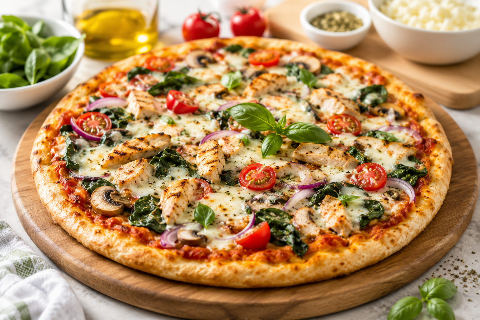 Freshly baked high protein pizza topped with grilled chicken, mozzarella, spinach, cherry tomatoes, and basil on a wooden pizza board in a bright modern kitchen.