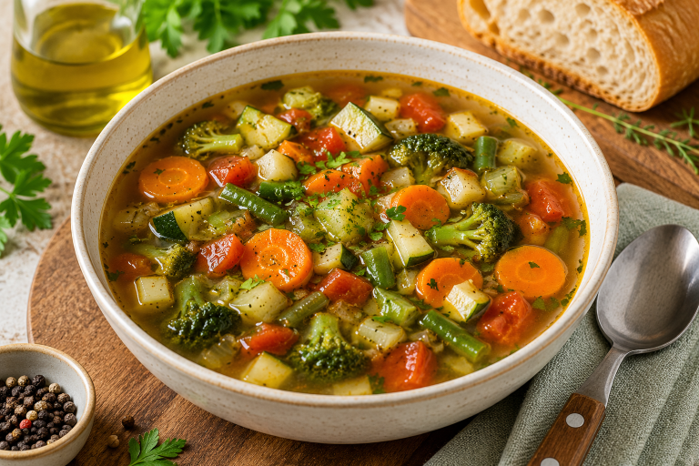A bowl of healthy homemade vegetable soup filled with carrots, broccoli, zucchini, celery, and fresh herbs served on a wooden table in a bright modern kitchen.